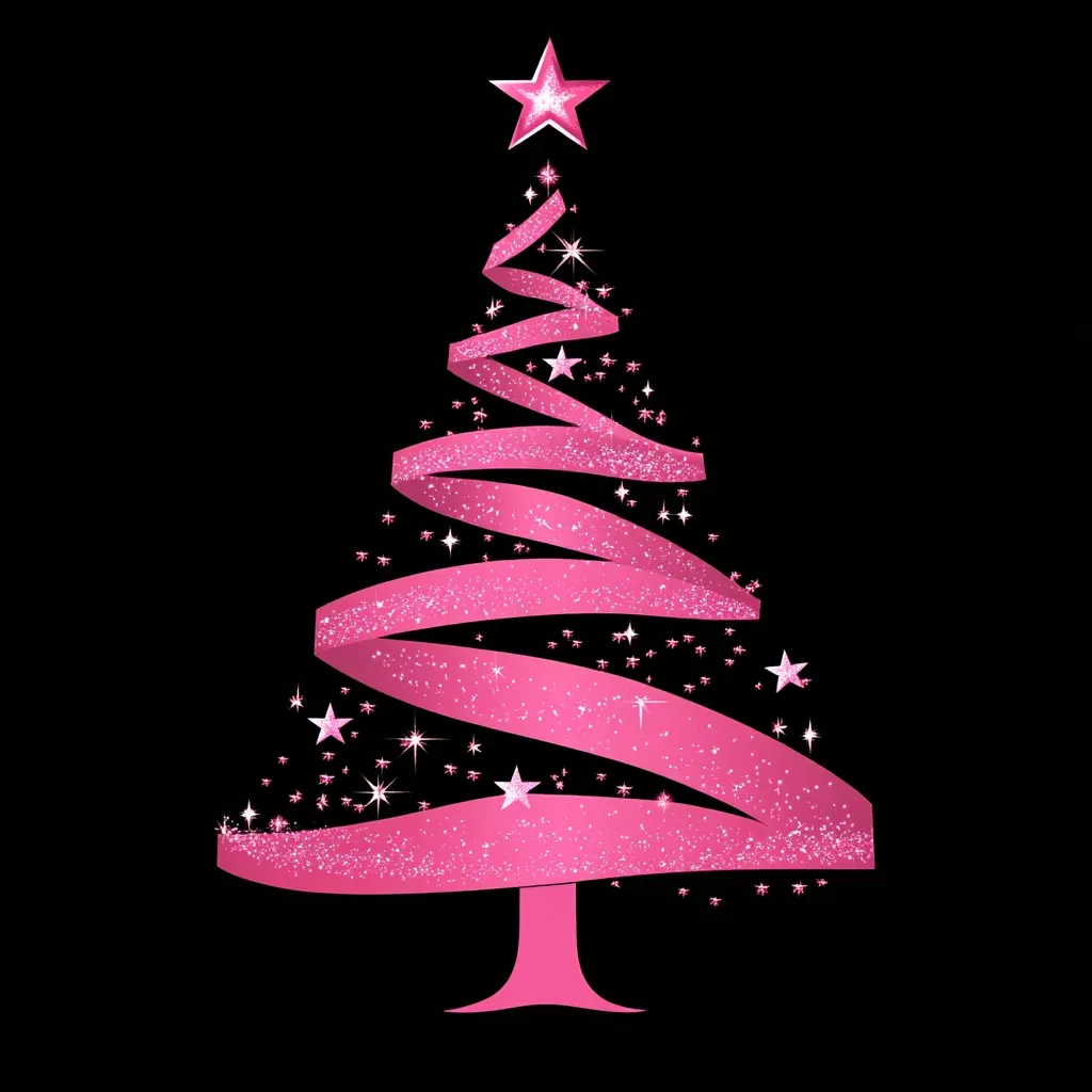 Here's a description of the image:

The image showcases a stylized pink Christmas tree against a stark black background.  The tree is depicted as a glittering pink ribbon spiraling upwards, culminating in a pink star at its apex. Smaller pink stars and sparkles are scattered around the ribbon, adding to its festive appearance. The tree has a simple, solid pink trunk. The overall effect is modern, elegant, and distinctly feminine due to the use of pink and glitter.