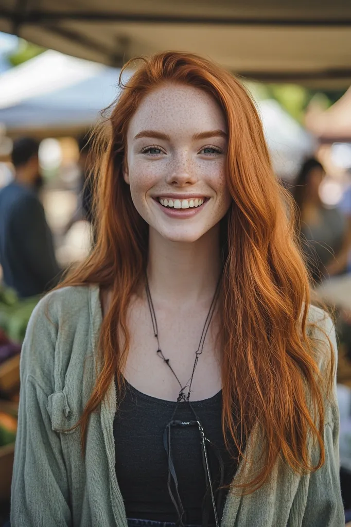 A young woman with long, red hair and freckles smiles brightly at the camera. She is wearing a green cardigan over a black tank top and a black necklace. The photo is taken outdoors, with a blurry background of a market or street scene. The woman's warm smile and bright eyes create a feeling of joy and optimism.