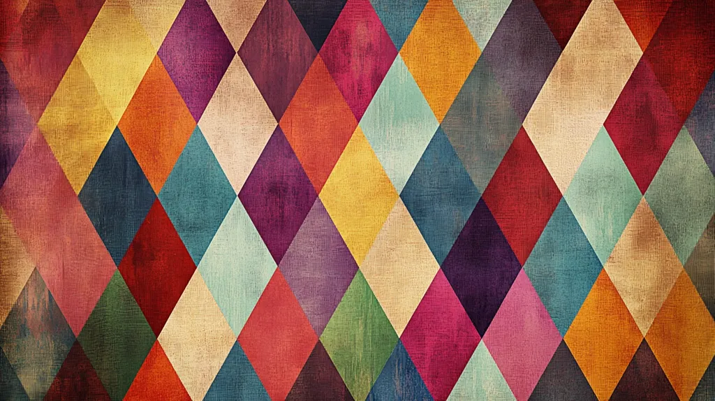 The image features a repeating pattern of colorful diamond shapes. The diamonds are arranged in a diagonal grid, with each diamond a different color, including red, orange, yellow, green, blue, purple, and pink. The colors are vibrant and saturated, giving the image a retro feel. The background has a textured, almost wooden look, adding to the vintage aesthetic.