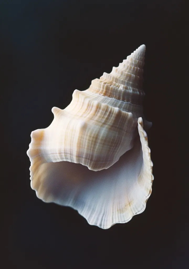 A large seashell with a pointed, spiraled top and a wide, open bottom. It has a cream-colored, textured surface with subtle brown hues. The shell is positioned against a deep black background, highlighting its intricate details and natural beauty.
