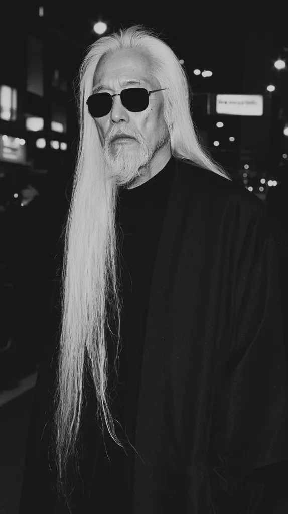 A man with long, white hair and a long, white beard is wearing a black coat and sunglasses. The photo is in black and white, and the man's face is partly obscured by his hair. The background is a blurry cityscape at night. The image conveys a sense of mystery and intrigue.