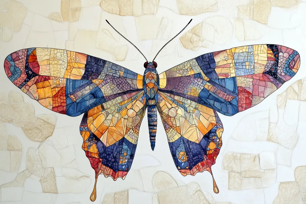 The artwork depicts a large butterfly rendered in a mosaic style.  Its wings are a kaleidoscope of warm oranges and yellows blending into cool blues and purples, creating a stained-glass effect.  The intricate detail showcases small, irregular shapes resembling tiny tiles or pebbles.  The butterfly is centered against a background of muted beige, textured shapes, suggesting a cracked or fragmented surface.  The overall impression is one of delicate strength and intricate beauty.