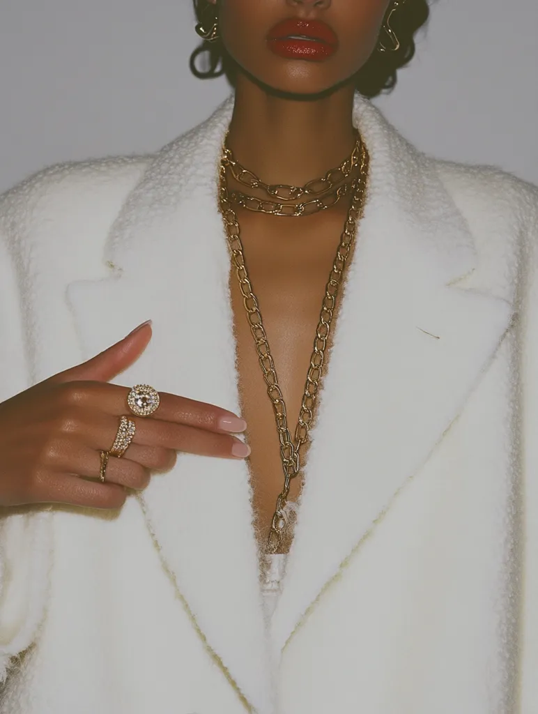 A woman with dark brown hair is wearing a white blazer and a long gold chain necklace. She is wearing a large, sparkly ring on her finger. Her lips are a bright red color. The background is a plain white wall.  Her expression is serious and focused.