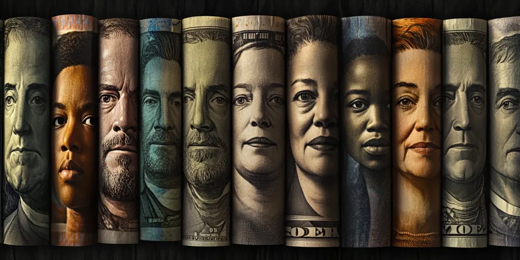 The image shows a row of 10 faces, each one framed by a section of a rolled-up US dollar bill. The faces are diverse in race, age, and gender, and they all appear to be looking directly at the viewer with expressions that range from serious to thoughtful. The image is likely intended to represent the diverse faces of America, and the dollar bills symbolize wealth, power, and the American dream.  The image evokes a sense of mystery and intrigue.
