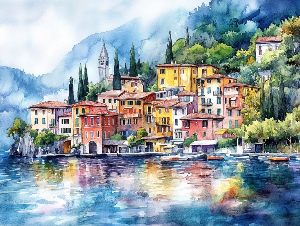 The image depicts a watercolor painting of a picturesque lakeside town nestled against a lush, green hillside. Colorful buildings with terracotta roofs line the shore, their reflections dancing in the shimmering water. A tall, slender tower stands proudly in the distance, adding a touch of grandeur to the scene. The vibrant hues and delicate brushstrokes create a sense of tranquility and beauty.