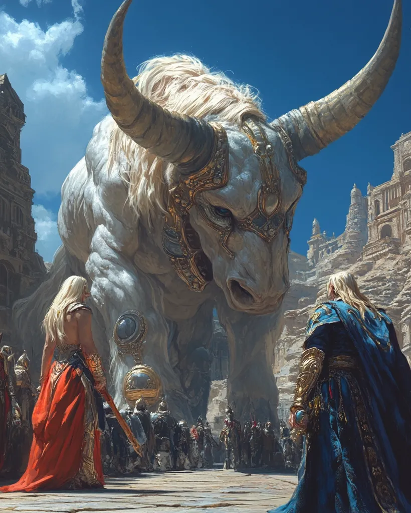 A massive, white, horned beast with golden adornments stands in a desert city. It looms over a crowd of people, some wearing elaborate gold armor.  A woman in a red dress and a man in blue robes stand in the forefront, seemingly observing the beast. The city is a mix of ancient architecture and modern structures, hinting at a blend of old and new. The sky is bright blue with wispy white clouds.