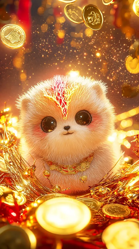 A fluffy white animal with big eyes sits in a nest of gold and red decorations. It wears a gold necklace and has a red and gold crown on its head. The animal is surrounded by shiny gold coins and orbs of light. The background is a shimmering gold and red blur. This image evokes feelings of wealth, joy, and festivity.