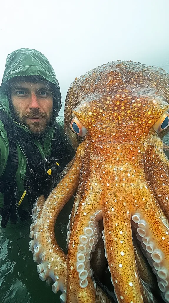 Here's a description of the image:

Close-up selfie-style shot of a man in a green rain jacket encountering a large, light brown octopus in the water. The octopus is predominantly in focus, its textured skin speckled with lighter spots, and its suckers clearly visible. The man's face is partially obscured by rain or spray, and his expression is one of mild surprise or awe. The water appears dark and slightly turbulent, suggesting rough weather conditions.  The overall mood is one of unexpected marine wildlife encounter.