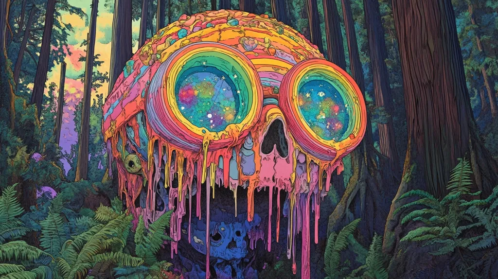 A psychedelic skull with googly eyes is surrounded by dripping paint in a vibrant rainbow of colors. It's set against a backdrop of a dark, dense forest with tall trees and lush ferns. The overall image is surreal and dreamlike, creating an abstract and visually stimulating experience.