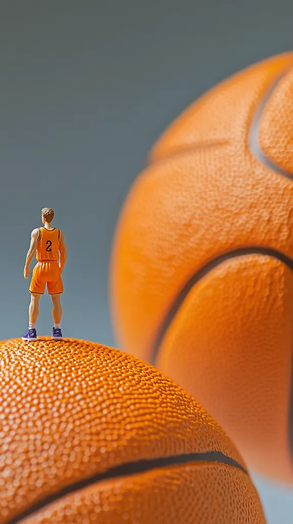 A miniature basketball player stands on a basketball, facing a larger basketball. He is wearing a bright orange jersey with the number 2 and purple shorts. The basketballs are textured and have black lines for the seams. The background is a blurred gray. The image captures a playful contrast in scale.