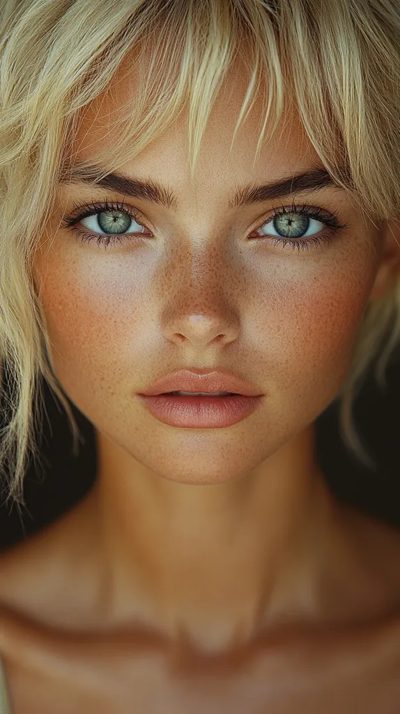 The image shows a close-up portrait of a young woman with blonde hair. Her face is turned slightly towards the camera, and her eyes are wide and open. She has freckles across her nose and cheeks and her lips are slightly parted, creating a subtle smile. The lighting is soft and warm, creating a natural and inviting look. The background is blurred, drawing attention to the woman's face.