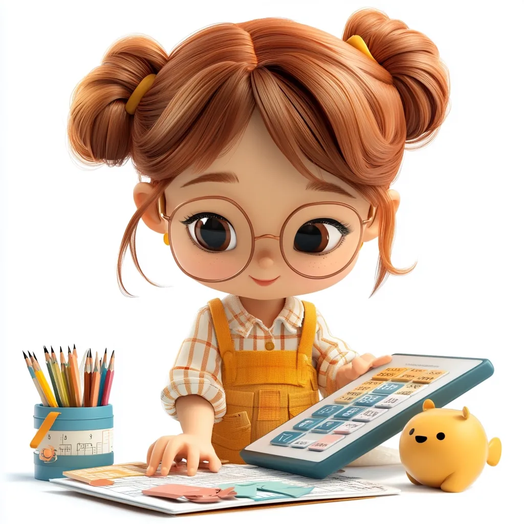 A 3D cartoon girl with brown hair, wearing glasses and overalls, is intently looking at a calculator in her hands. She has a yellow toy fish next to her, and a cup of colorful pencils is on a table to her left. She's focused on her work, surrounded by papers and a colorful background. The image is light and cheerful, suggesting a playful and studious atmosphere.