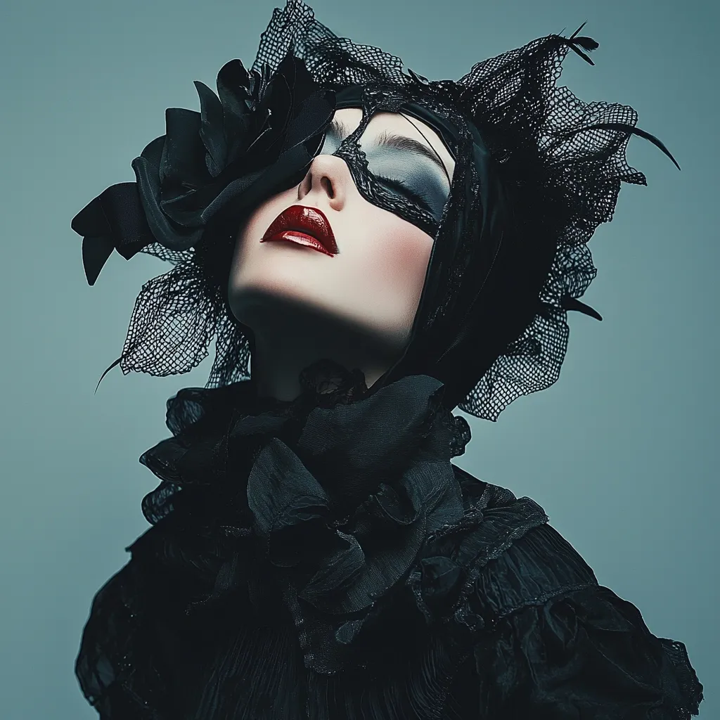 A woman in a dramatic black ensemble adorned with lace and feathers. Her face is partially concealed by a black mask, leaving only her eyes and lips visible. The intense red lipstick and her alluring gaze create a sense of mystery and intrigue. The dark background and lighting enhance the dramatic effect of the image.