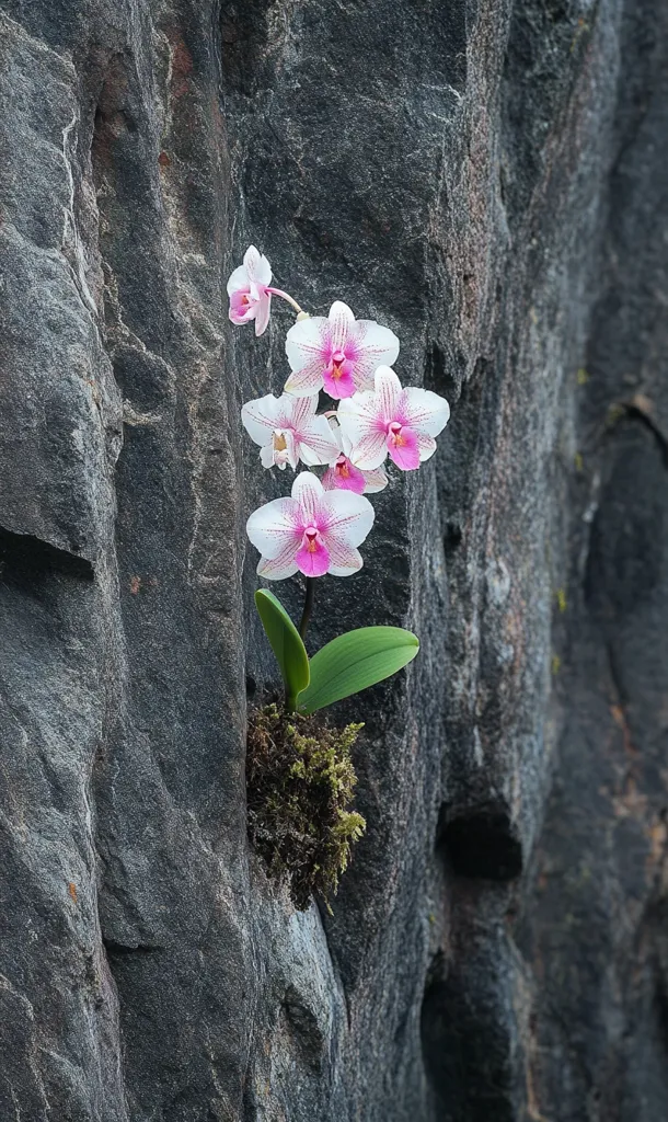 A cluster of delicate pink and white orchids bloom from a crevice in a rough, gray rock face. The orchids are in full bloom, with their petals unfurling gracefully. The contrast between the delicate flowers and the rugged rock creates a striking visual effect. The orchids appear to be thriving in this unexpected location, showcasing the resilience of nature.