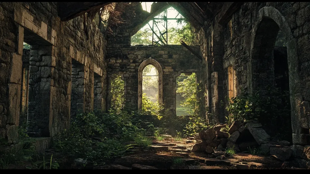 The image shows the interior of a ruined stone building, likely a church. Light streams through the broken windows, illuminating the overgrown foliage that has taken root inside. The crumbling walls and overgrown greenery create a sense of decay and abandonment, hinting at a past era. The sunlight casts long shadows across the floor, adding a sense of mystery and intrigue.