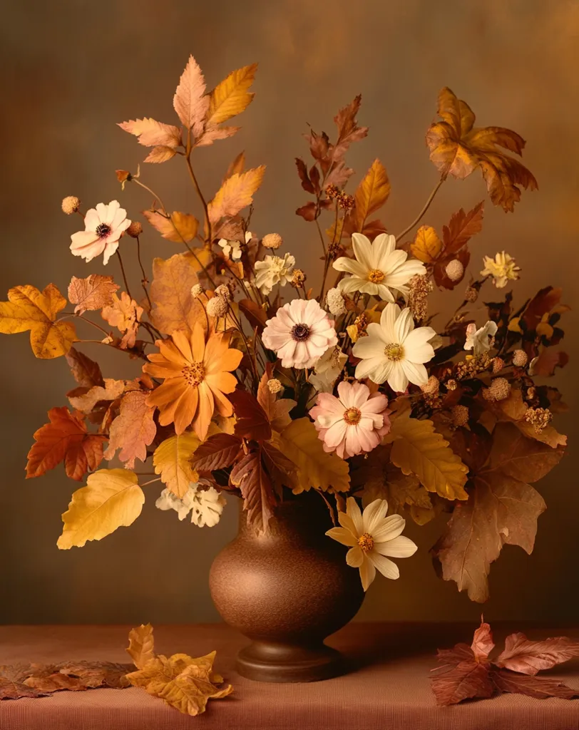 A rustic brown vase filled with a bouquet of delicate white and pink flowers, surrounded by autumn leaves in shades of orange, yellow, and brown. The leaves are vibrant and textured, adding depth and warmth to the image, creating a sense of autumnal beauty and tranquility.  The flowers are arranged artfully in the vase, creating a natural and organic composition.  The light illuminates the flowers and leaves, highlighting their details and textures. The image evokes a feeling of warmth, beauty, and the changing seasons.