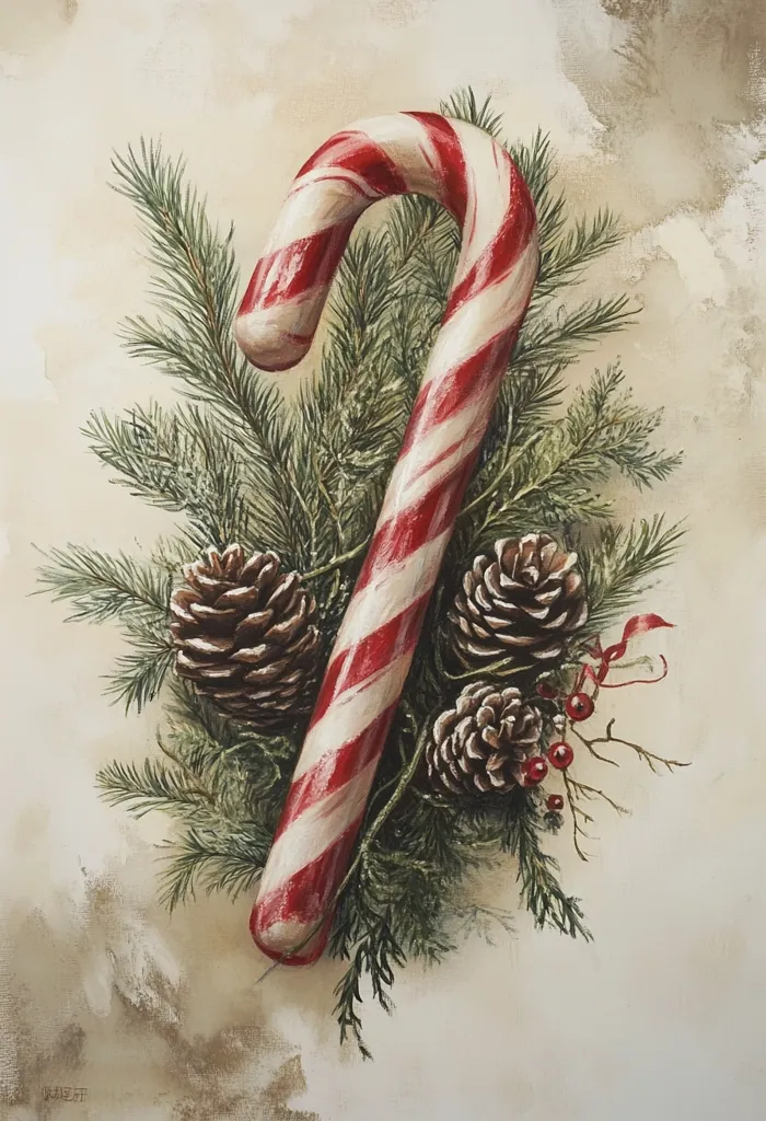 Here's a description of the image:

The artwork depicts a large candy cane nestled amongst pine boughs and pine cones.  The candy cane is prominently displayed, its red and white stripes vivid against the greenery. Three pine cones are artfully arranged around the base of the cane, with a few sprigs of red berries adding a touch of color. The background is a muted beige, allowing the vibrant candy cane and evergreen details to stand out. The overall style is reminiscent of a classic Christmas still life, evoking a feeling of warmth and holiday cheer.