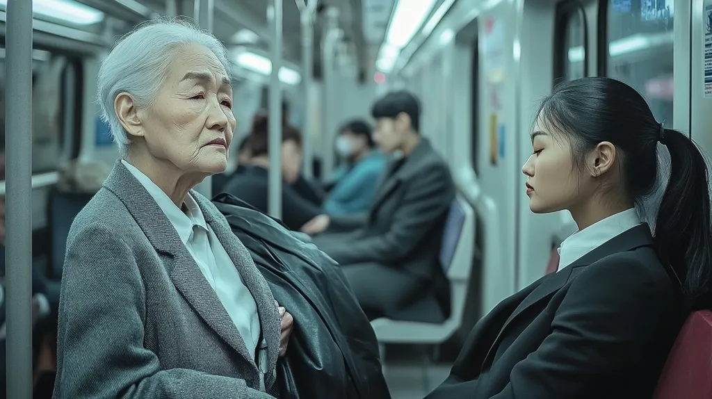 An elderly woman in a grey suit sits next to a young woman in a black suit on a train. The elderly woman is looking to the side, while the younger woman has her eyes closed and looks contemplative. The train is crowded, with other passengers blurred in the background. The image evokes a sense of quiet contemplation and the passage of time.