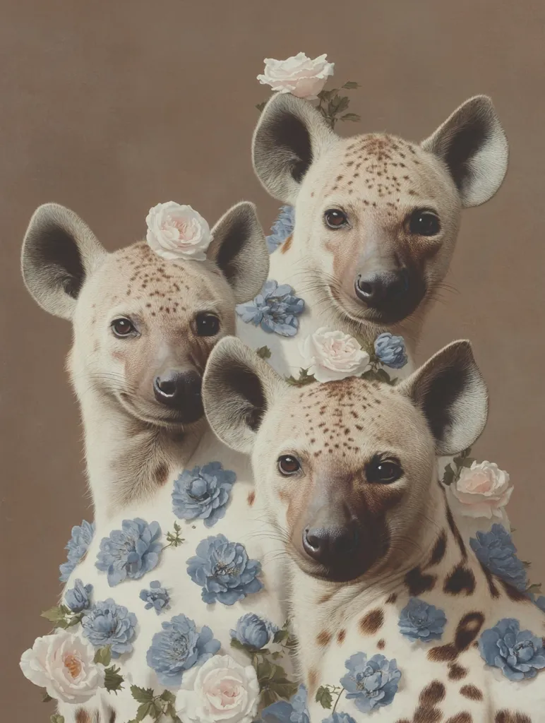 Three hyenas are shown in a close-up portrait. They are adorned with white roses and blue flowers. They are looking at the viewer with curious expressions.  The background is a muted brown, giving the hyenas the appearance of being in a studio portrait.