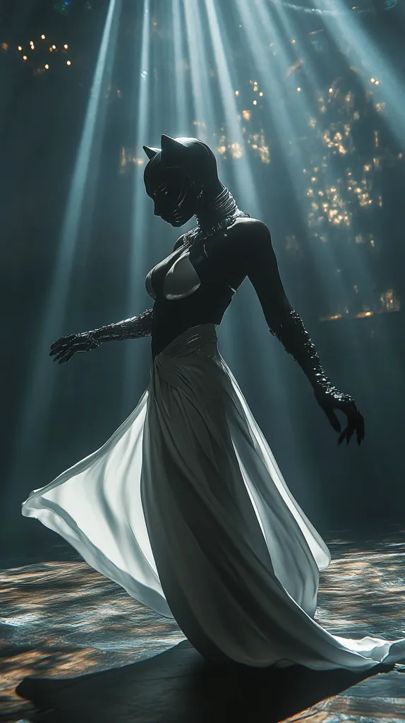 A figure wearing a black cat mask and a flowing white gown stands in a dimly lit room. The figure's silhouette is illuminated by beams of light, creating a dramatic effect. The gown's fabric billows around them, creating a sense of movement and mystery. The image evokes a sense of both beauty and danger.