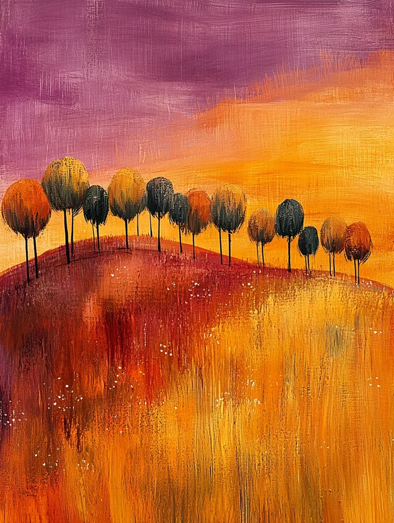A painting of a landscape with a row of trees on a hill. The trees are stylized and the colors are muted and blended. The sky is a mix of purple and orange. The hill is a blend of reds, oranges, and yellows. The brush strokes are visible, adding texture to the painting.
