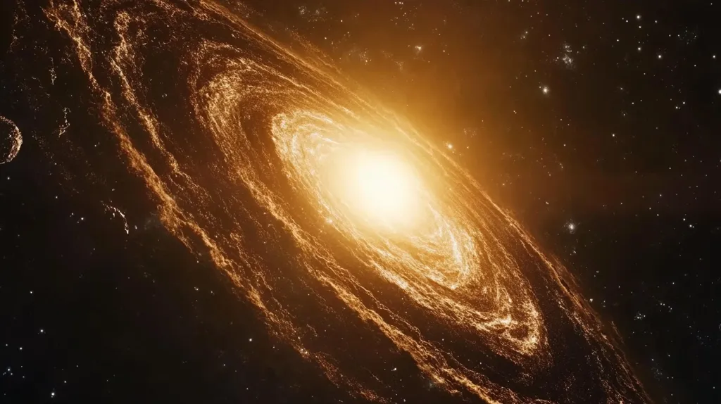 The image depicts a majestic spiral galaxy, a swirling mass of stars and gas. Its golden hues illuminate the surrounding blackness of space, while a bright central core radiates light and energy. Scattered across the dark background are countless twinkling stars, creating a breathtaking celestial panorama. The galaxy's intricate structure and vibrant colors evoke a sense of wonder and the vastness of the universe.
