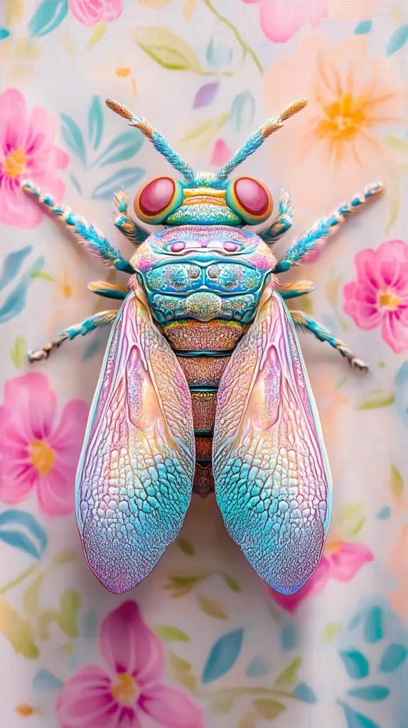 Here's a description of the image:

The image showcases a vibrant, iridescent insect, possibly a type of planthopper or cicada, positioned centrally against a backdrop of a soft, pastel floral pattern.  Its body is predominantly teal and blue, with hints of pink and gold creating a shimmering, almost holographic effect. Large, round, pinkish-red eyes are prominent. The insect's wings are intricately detailed, showing a delicate network of veins and a mesmerizing play of light. The floral background consists of stylized blossoms in soft pinks, peaches, and blues, creating a dreamy, almost surreal juxtaposition with the insect's striking colors.
