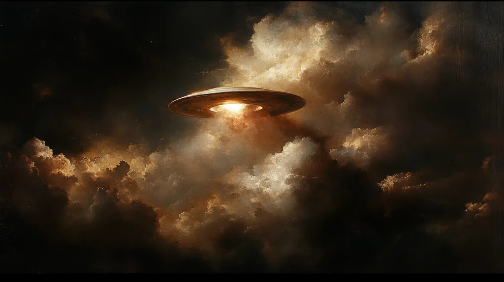 A digital painting depicts a classic flying saucer hovering amidst dramatic, dark clouds. The saucer is centrally positioned, emitting a soft, warm light that illuminates the surrounding clouds.  The clouds are rendered with a textured, almost painterly style, showing depth and movement. The overall atmosphere is one of mystery and wonder, with a dark, moody palette dominating the scene.  The contrast between the glowing UFO and the shadowy clouds creates a captivating visual effect.