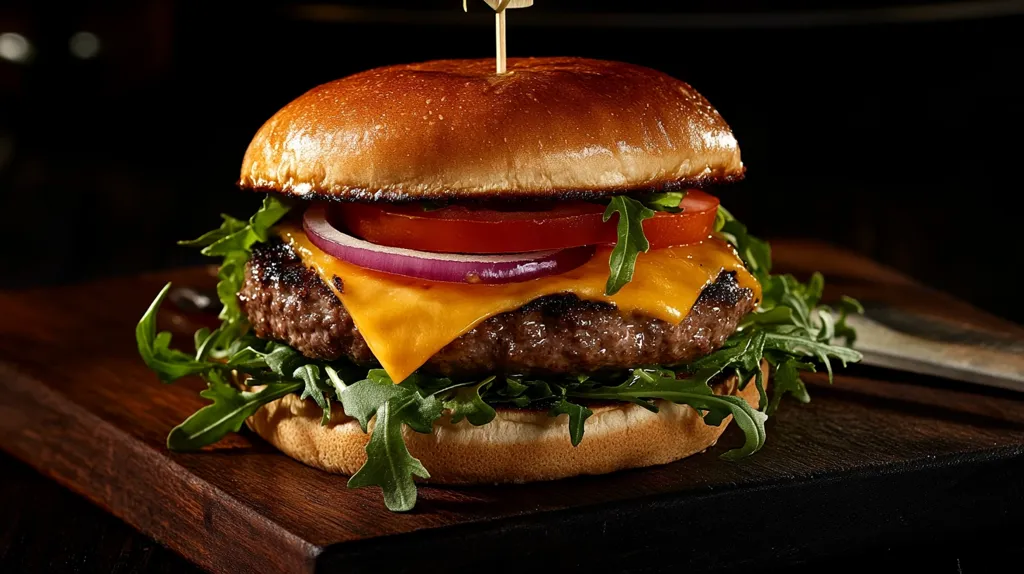 A juicy cheeseburger sits on a wooden board. The burger is made with a thick beef patty, melted cheese, lettuce, tomato, and red onion. The burger is topped with a toasted sesame seed bun and a toothpick. The image is lit from the side, creating a dramatic effect.