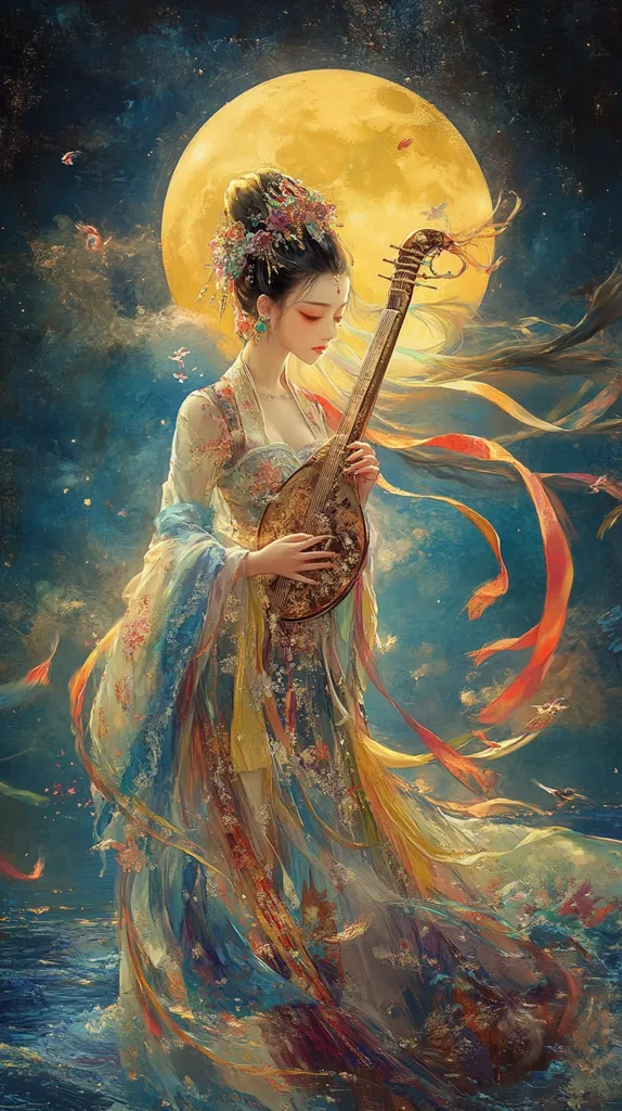 A woman in a flowing, colorful gown stands against a backdrop of a large, bright moon and a starry sky. She holds a stringed instrument, a pipa, and appears to be playing it. The woman's hair is adorned with flowers, and her gaze is downcast. The image is painted in a dreamy, ethereal style with a focus on the soft hues and textures of the woman's clothing and the surrounding environment.  The overall impression is one of peace and tranquility.