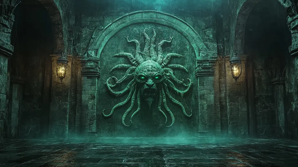 A spooky, dimly lit stone hallway with a looming, monstrous figure carved into the wall at the end. The figure, a monstrous, multi-tentacled creature with glowing green eyes, fills the doorway, creating an eerie and unsettling scene.  A faint mist hangs in the air, adding to the sense of mystery and foreboding.  Two flickering lanterns cast elongated shadows on the walls, adding to the sense of unease.