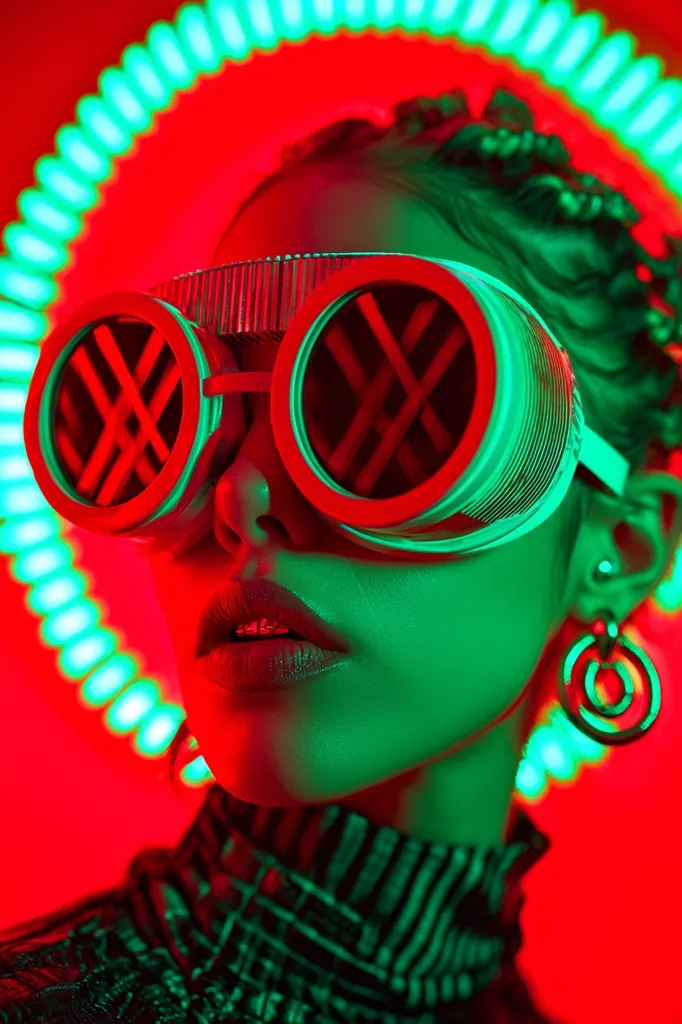A woman with dark hair wears large, round goggles with a red and green light reflecting off the lenses. Her face is illuminated by a ring of red and green lights, and she wears large gold earrings. The colors and lighting create a bold, futuristic aesthetic.