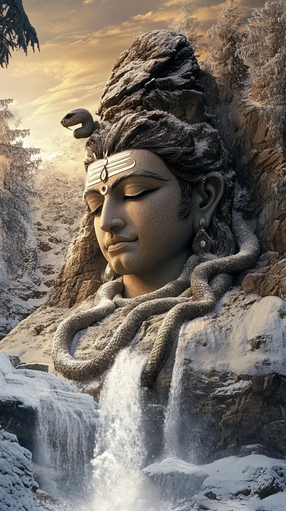 A serene image depicting a majestic stone sculpture of Lord Shiva, adorned with a snake and a third eye, amidst a snowy landscape. A waterfall cascades down from the sculpture's base, adding a sense of tranquility to the scene. The image evokes a sense of spirituality and the power of nature.