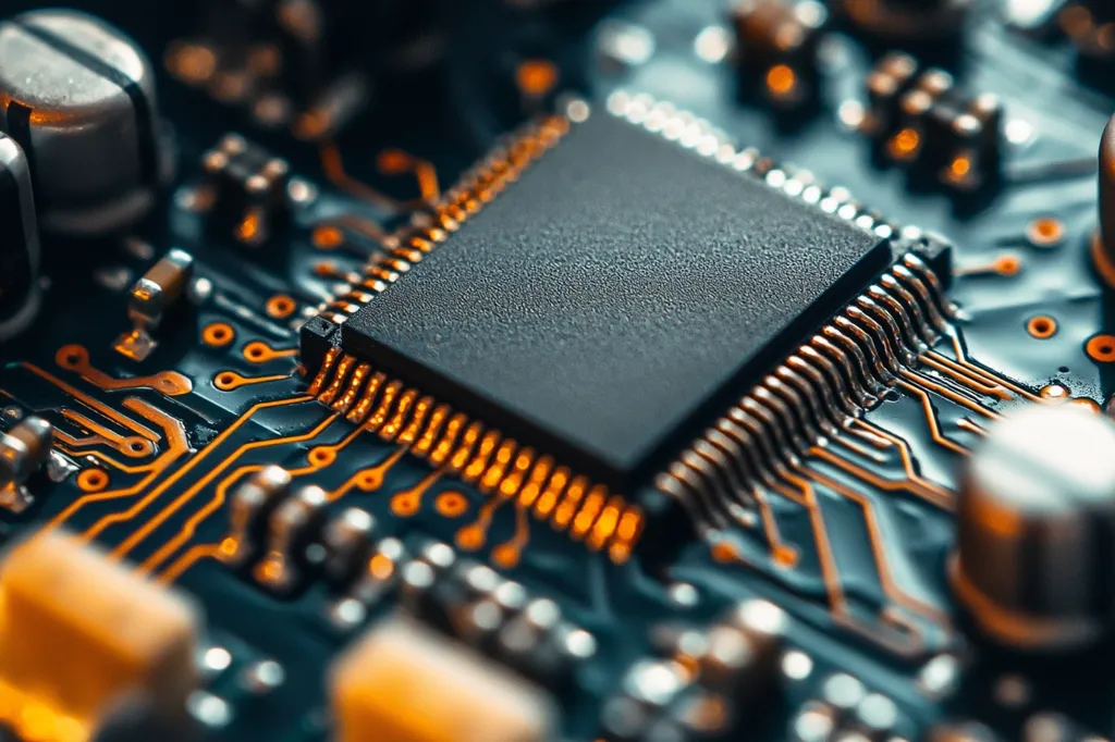 A close-up view of a circuit board with a black chip in the center. The chip is surrounded by gold-colored pins, and the board is covered in intricate copper traces. The image is taken from a close-up perspective, highlighting the details of the circuitry. The colors are rich and saturated, giving the image a sense of depth and complexity. The image captures the beauty and complexity of modern electronics.