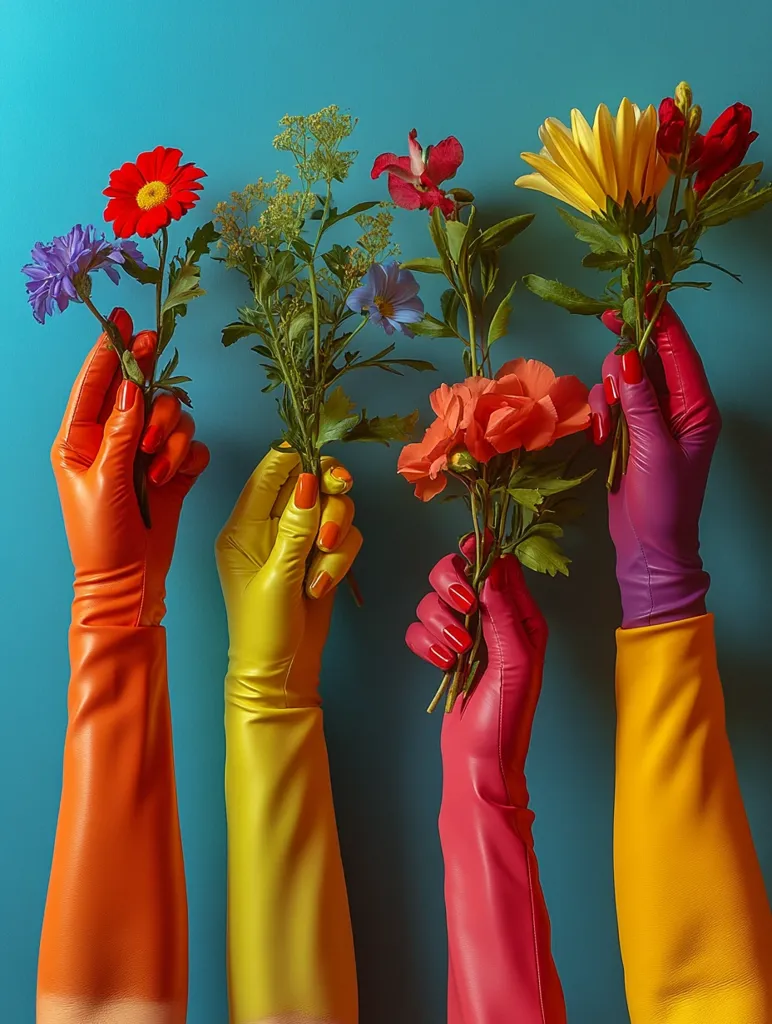 Four hands, each wearing a different colored glove, are holding bouquets of colorful flowers. The gloves are orange, yellow, pink, and purple, and the flowers include red, pink, yellow, and blue. The hands and flowers are arranged against a vibrant blue background, creating a visually striking and colorful image.