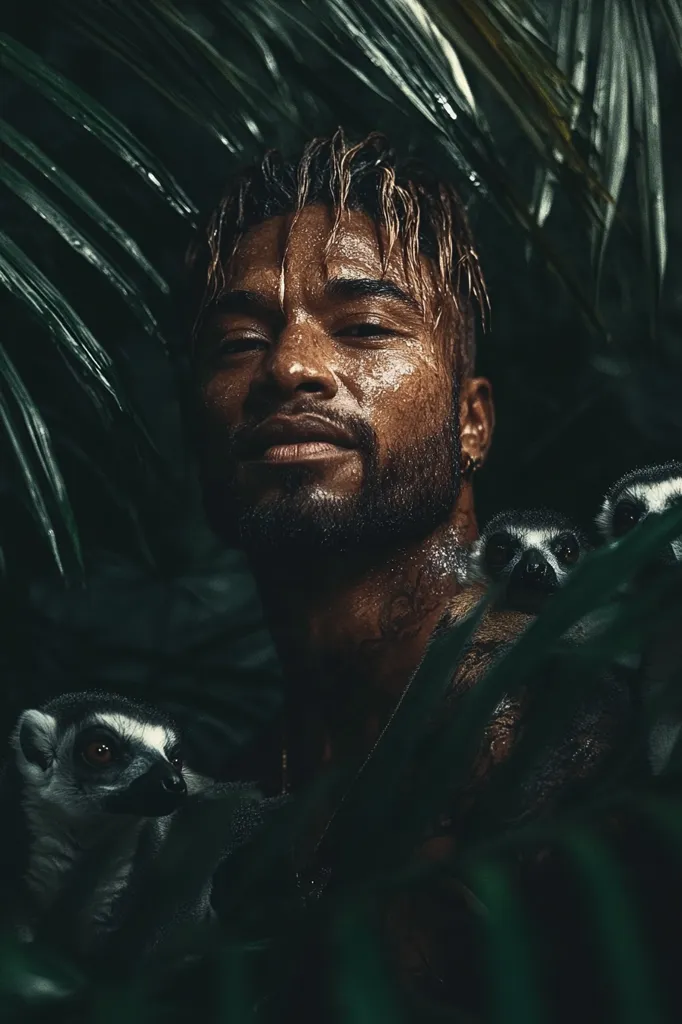 A man with a beard and wet hair stares intensely at the camera. He is surrounded by lush green foliage and two small lemurs are partially hidden behind him. The image is dark and moody, creating a sense of mystery and intrigue.