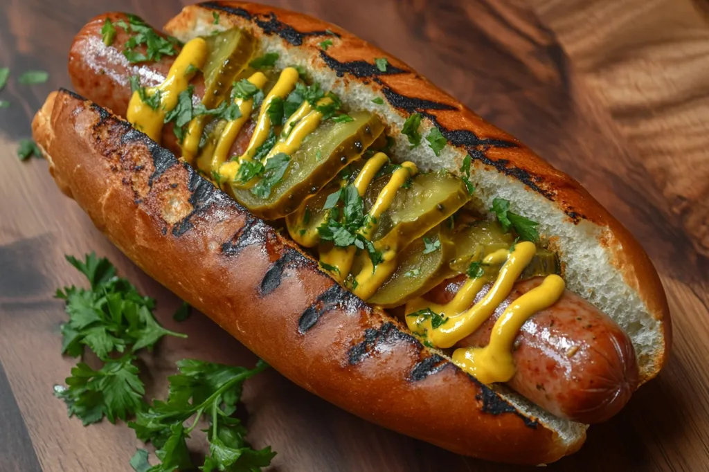 Here's a description of the image:

Close-up view of a gourmet hot dog nestled in a toasted bun. The bun is grilled, displaying attractive char marks.  The hot dog is plump and juicy, topped with several slices of tangy-looking dill pickles, a generous squiggle of bright yellow mustard, and fresh chopped parsley for garnish. The entire hot dog is artfully presented on a dark wooden surface, with a sprig of parsley visible in the foreground. The image emphasizes the textures and colors of the food, making it look appetizing.