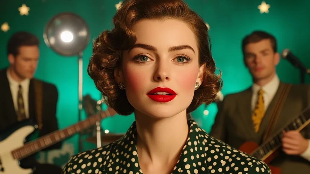 Close-up of a woman with 1940s-style hair and makeup, wearing a green polka-dot dress.  She's in sharp focus, while a blurred-out band plays behind her; a guitarist and bassist are partially visible. The background is a teal color with small, twinkling stars. The overall scene evokes a vintage musical setting, possibly a retro advertisement or film still.  The woman's red lipstick and bright eyes are striking features.
