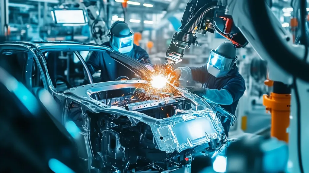 A robotic arm welds a car body in an assembly line. The robotic arm is welding the car body to the chassis. Two workers in safety gear are working on the car. One of the workers is holding the car body steady while the other is holding the robotic arm. The welding process is creating sparks and heat. The image is bright and well-lit. The assembly line is clean and modern.  The image emphasizes the automated processes involved in modern car manufacturing.