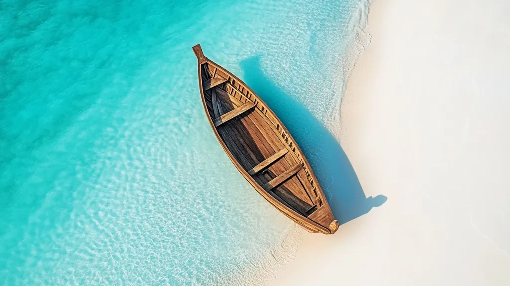 Here's a description of the image:

An aerial shot depicts a small, rustic wooden boat nestled in shallow, turquoise water that laps gently onto a pristine white sand beach. The boat, pointing towards the deeper water, is the central focus, its wooden planks visible in detail.  The vibrant contrast between the clear blue water and the bright white sand creates a serene and idyllic tropical scene. The boat's shadow is partially cast on the sand, adding depth to the composition. The overall impression is one of tranquil beauty and peaceful isolation.
