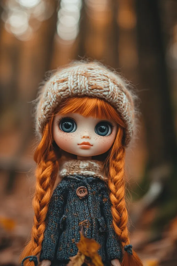 A doll with long, braided red hair wears a knitted hat and sweater. Her large blue eyes stare intensely, and she has freckles across her nose and cheeks. The doll is standing in a forest with fallen leaves scattered on the ground. The background is blurred and out of focus, drawing attention to the doll. The image has a vintage, fairytale feel to it.