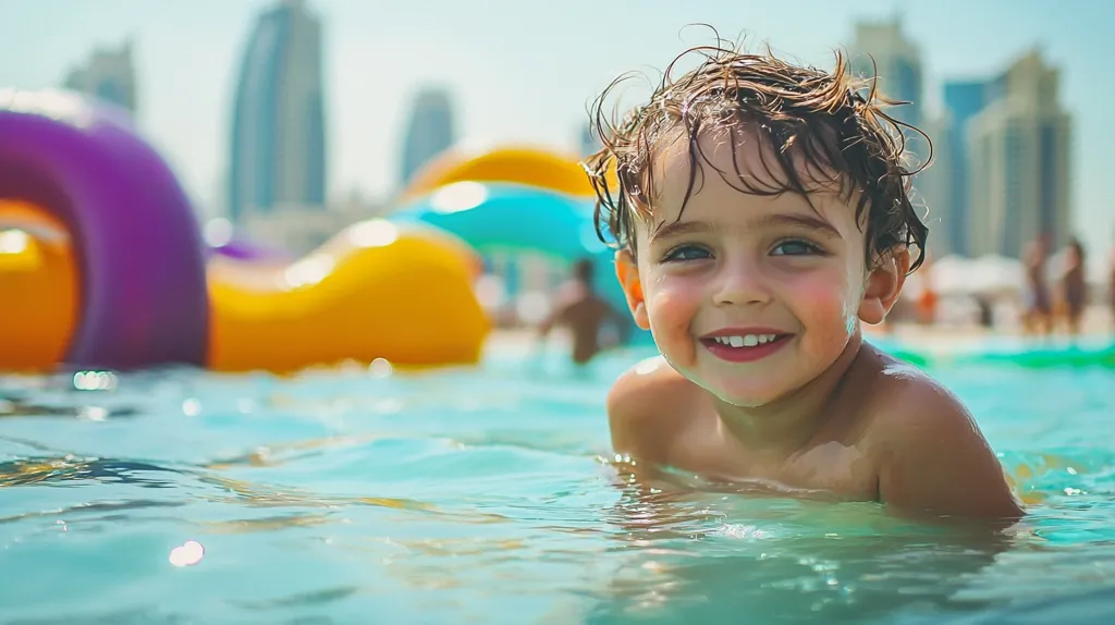 A young boy with wet hair and a bright smile is submerged in a pool of clear blue water.  He is looking directly at the camera, his face radiating joy. Behind him, colorful inflatable toys and a blurred backdrop of tall buildings suggest a fun day at a water park.  The image captures the innocence and delight of childhood summer fun.
