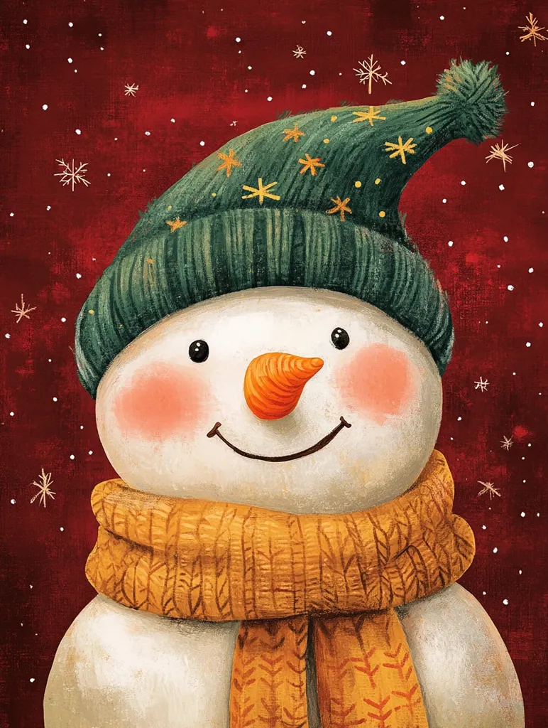 A cheerful snowman with rosy cheeks and a bright orange carrot nose is wearing a green knit hat with yellow stars and a yellow scarf.  The snowman is depicted against a red background with white snowflakes. The image has a whimsical and charming quality.