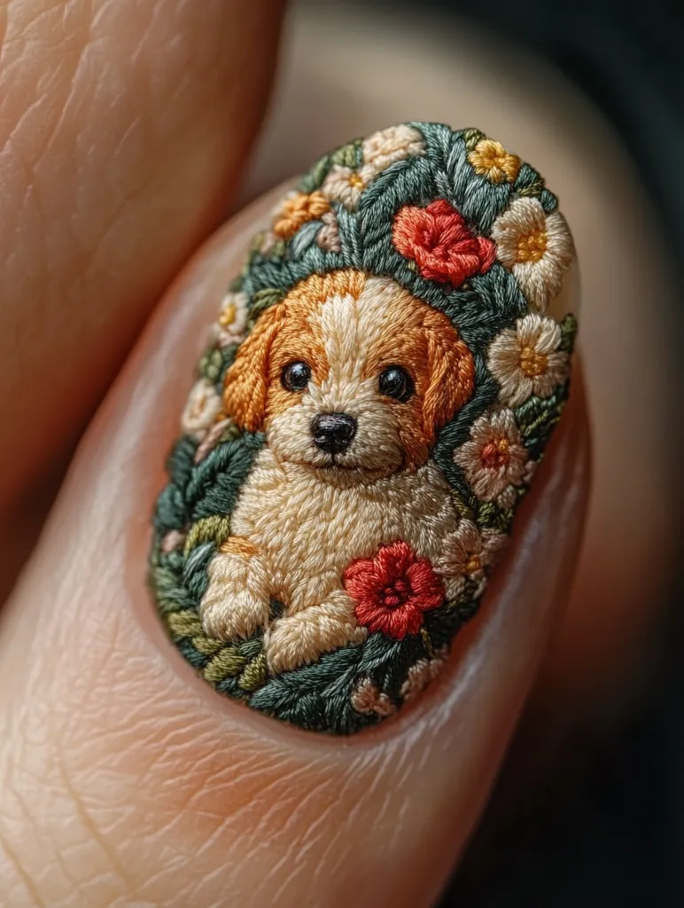 Here's a description of the image:

Close-up view of a fingernail adorned with incredibly detailed embroidery. The embroidery depicts a small, light-tan puppy nestled amongst a vibrant arrangement of green leaves and colorful flowers, predominantly red and white. The artistry is incredibly fine, with each petal and strand of fur meticulously crafted. The puppy's expression is sweet and endearing, and the overall effect is one of exquisite miniature artistry. The contrast between the smooth skin of the finger and the textured embroidery highlights the remarkable detail.