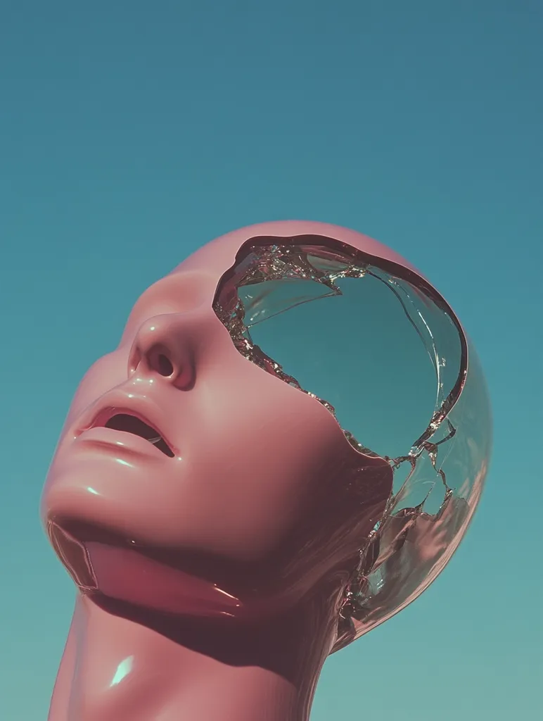Here's a description of the image:

The image shows a close-up view of a stylized mannequin head, tilted upwards against a clear, bright blue sky.  The mannequin's head is a glossy, pale pink.  A significant portion of the head, encompassing one eye and part of the forehead, is shattered, revealing a transparent, fractured inner structure. The contrast between the smooth, solid pink exterior and the jagged, broken interior creates a striking visual effect. The overall aesthetic is surreal and slightly melancholic.