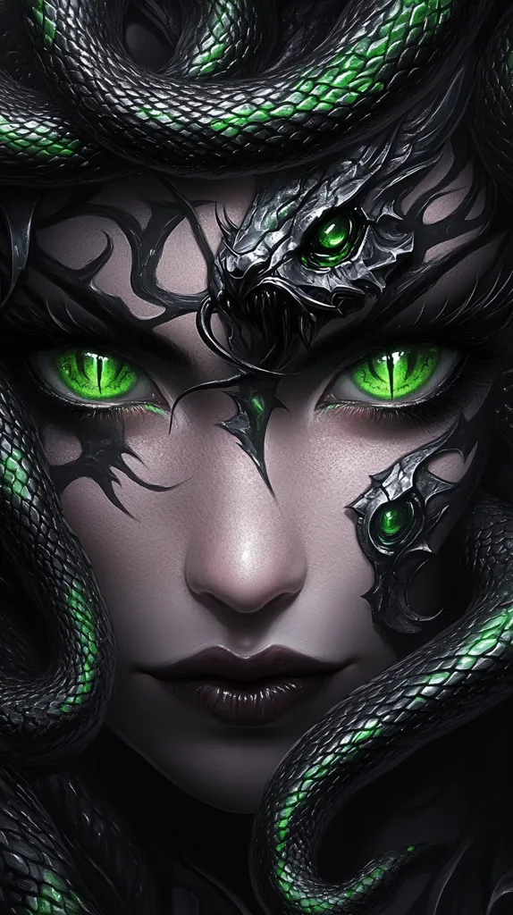 A close-up digital painting depicts a woman's face, partially obscured by large, dark green snakes.  Her eyes are striking, bright green and serpentine in their shape.  Intricate, dark, metallic patterns resembling scales and snake heads adorn her face and blend with the snakes. The overall aesthetic is dark, mysterious, and evokes the imagery of Medusa or a similar mythological figure.  The contrast between the woman’s pale skin and the intense green and black creates a captivating effect.