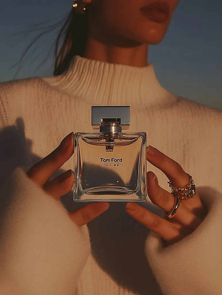Close-up view of a woman's hands gently holding a Tom Ford perfume bottle.  The woman is wearing a cream-colored turtleneck sweater and delicate gold jewelry.  The setting appears to be outdoors, bathed in warm, golden sunlight, creating a soft, luxurious ambiance. The focus is sharply on the perfume bottle, highlighting its elegant, minimalist design. The overall aesthetic is sophisticated and minimalist.