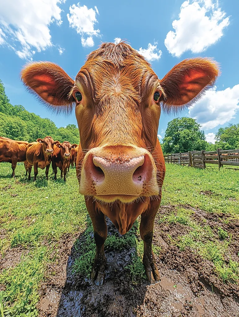A brown cow with big ears and a pink nose stands in a muddy field. The cow is looking directly at the camera, as if it's curious.  It's a sunny day with blue skies and white clouds.  Other cows are in the background, grazing in the field.  The image is shot from a low angle, creating a playful and up-close perspective.