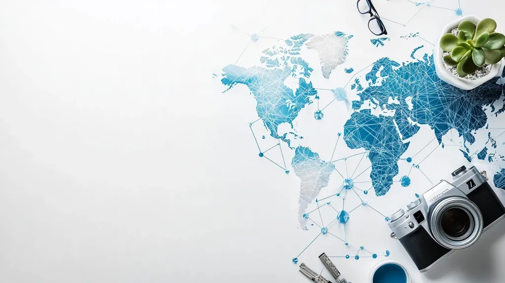 A white surface with a blue and white world map at the right. The map is connected by blue lines. There is a camera, eyeglasses, a succulent in a pot, and a ruler on the white surface.