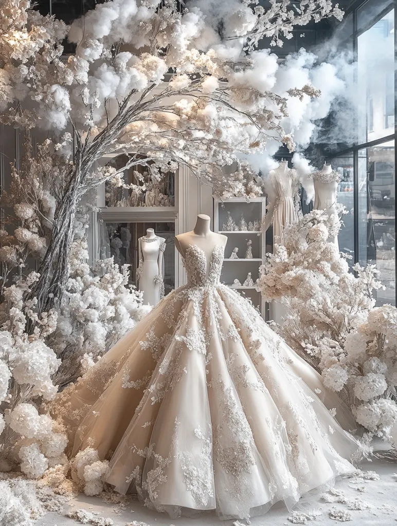 A stunning, ivory ball gown wedding dress with intricate lace detailing stands on a mannequin in a room decorated with white floral arrangements and a frosted tree. The dress is surrounded by a dreamy haze, adding to the romantic ambiance. The backdrop is a large window showcasing a glimpse of the outdoors.  The entire scene is reminiscent of a fairytale wedding.